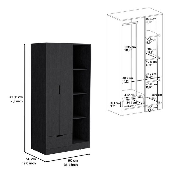 Toccoa Armoire with 2 Doors， Hanging Rod， Drawer， 4-Tier Open Shelves - - 37784248