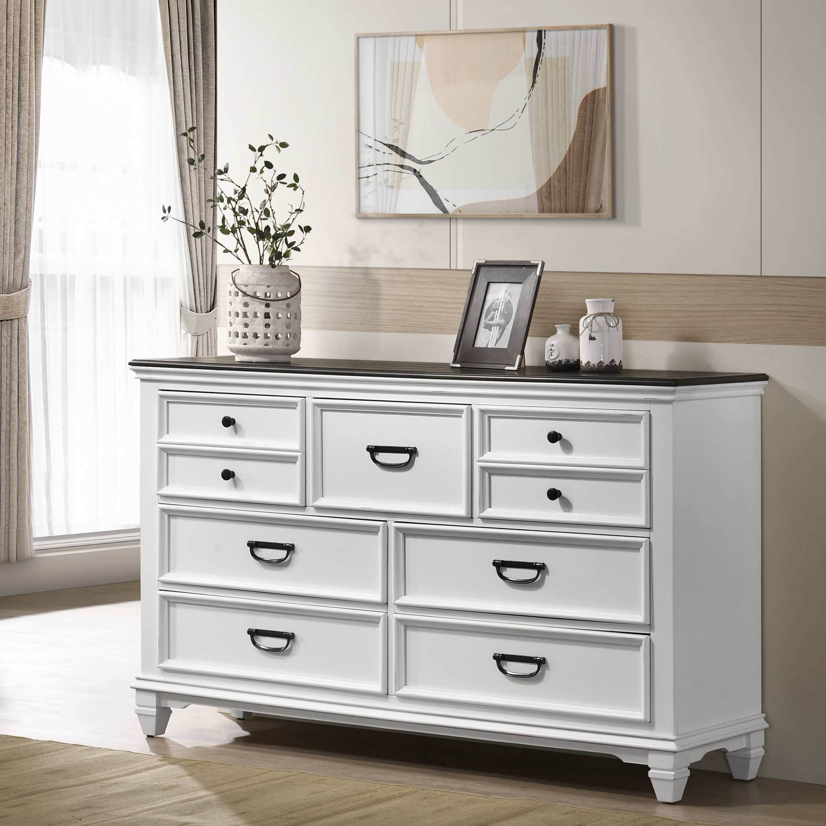 Clelane Wood 7-Drawer Dresser, Weathered White and Walnut