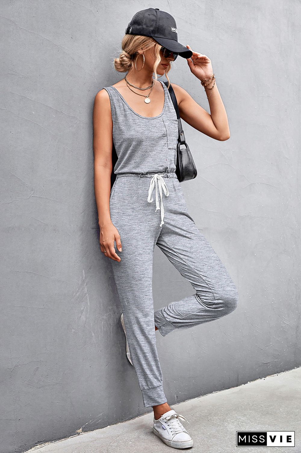 Strap U Neck Sleeveless Drawstring Waist Jumpsuit Wholesale