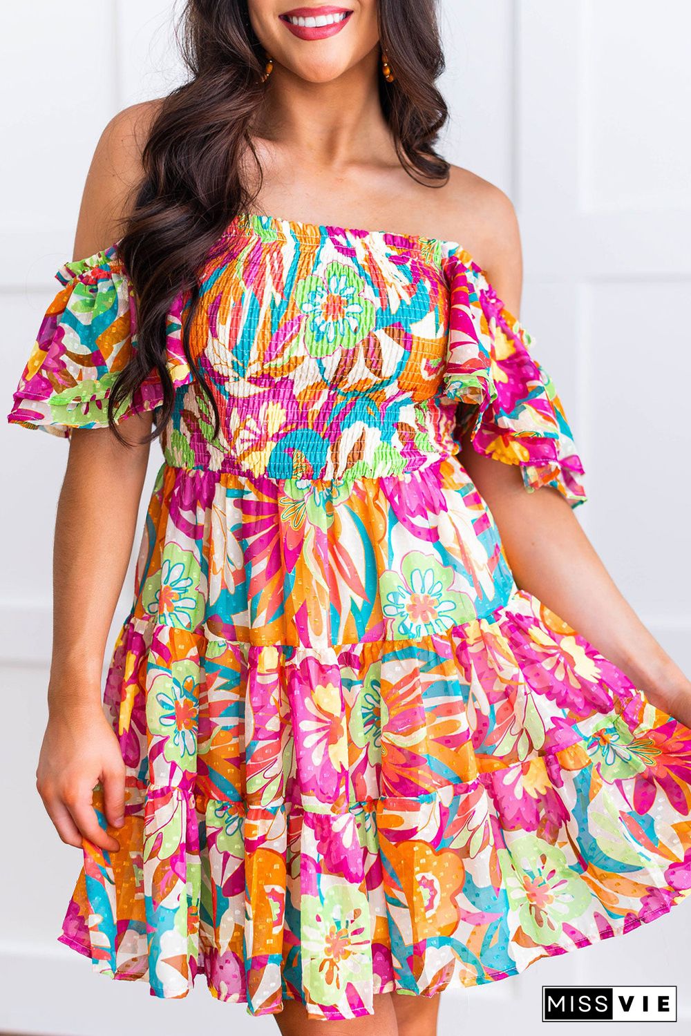 Multicolor Boho Off-shoulder Smocked Tiered Floral Dress