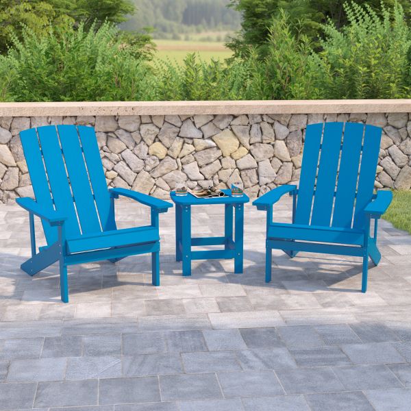 2 Pack Charlestown Commercial All-Weather Poly Resin Wood Adirondack Chairs with Side Table in Blue