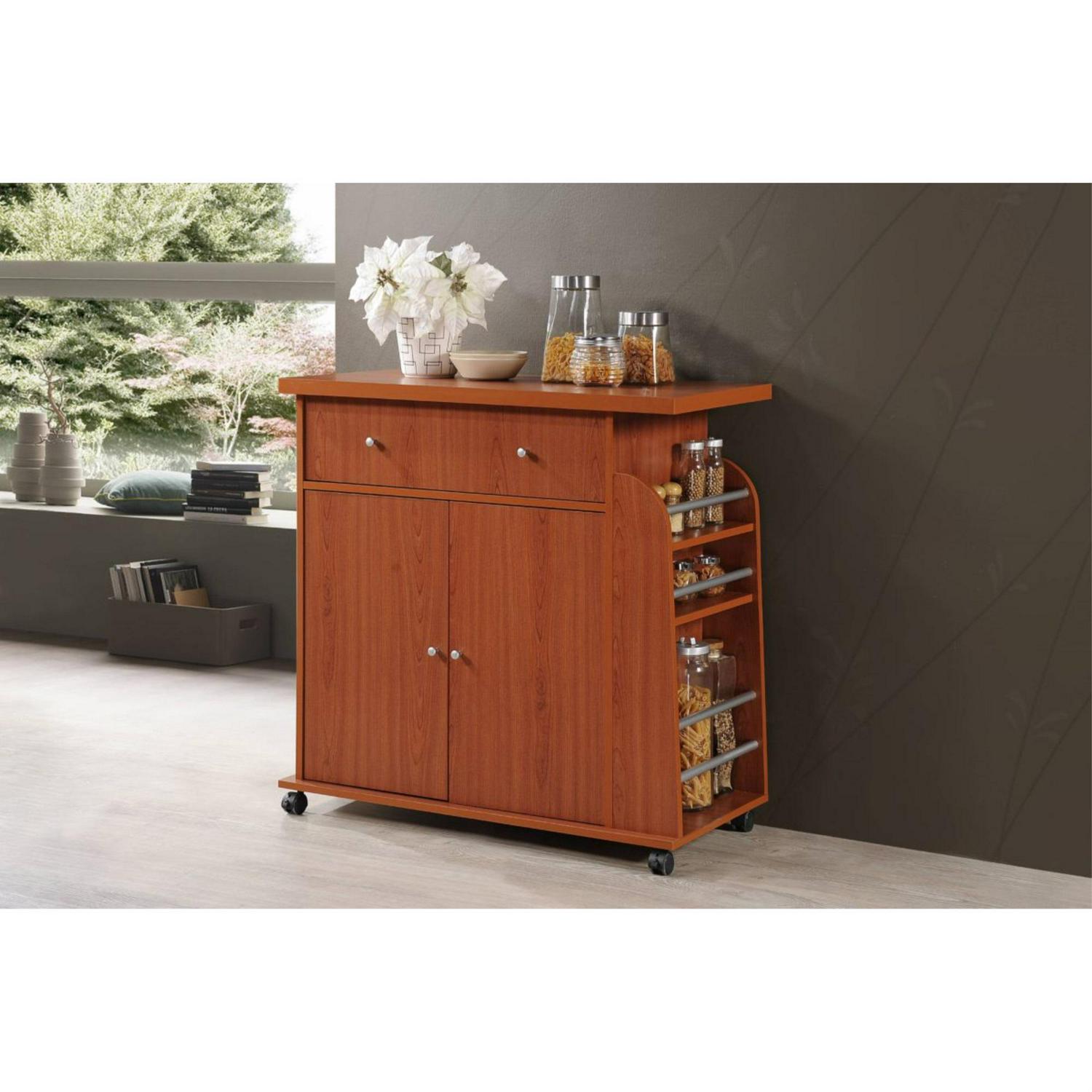 Hodedah Kitchen Cart with Spice Rack in Cherry