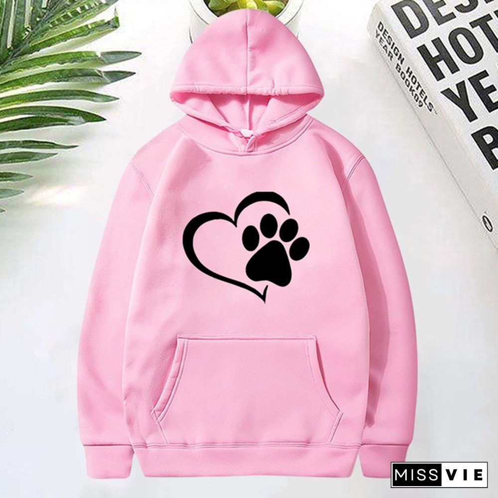 Cute Dog Paw and Heart Shape Print Hoodies Women Casual Long Sleeve Hoodies Autumn Winter Pullovers Plus Size