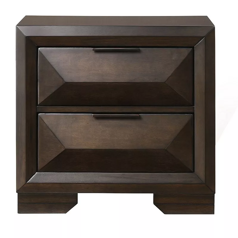 Wooden Nightstand with Dramatic Bevel Drawer Fronts， Espresso Brown