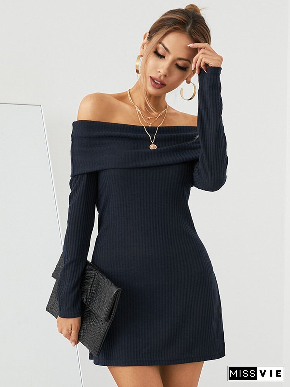 Solid Off-shoulder Long Sleeve Mini Casual Dress