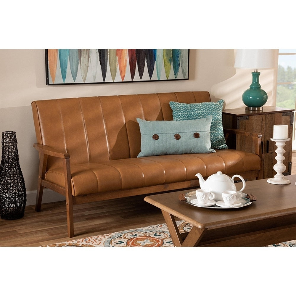 Nikko Mid-century Modern Tan Faux Leather Upholstered and Walnut Brown finished Wood Sofa