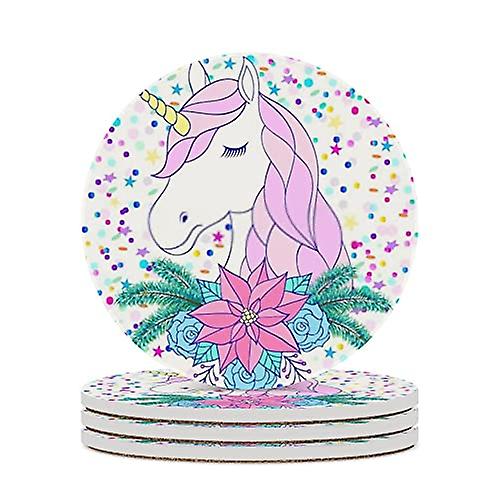 Round Drink Coasters 1 Pcs Unicorn With Floral Wreath On Christmas Absorbent Ceramic Coaster With Cork Base For Coffee Cups Housewarming Gift For Home