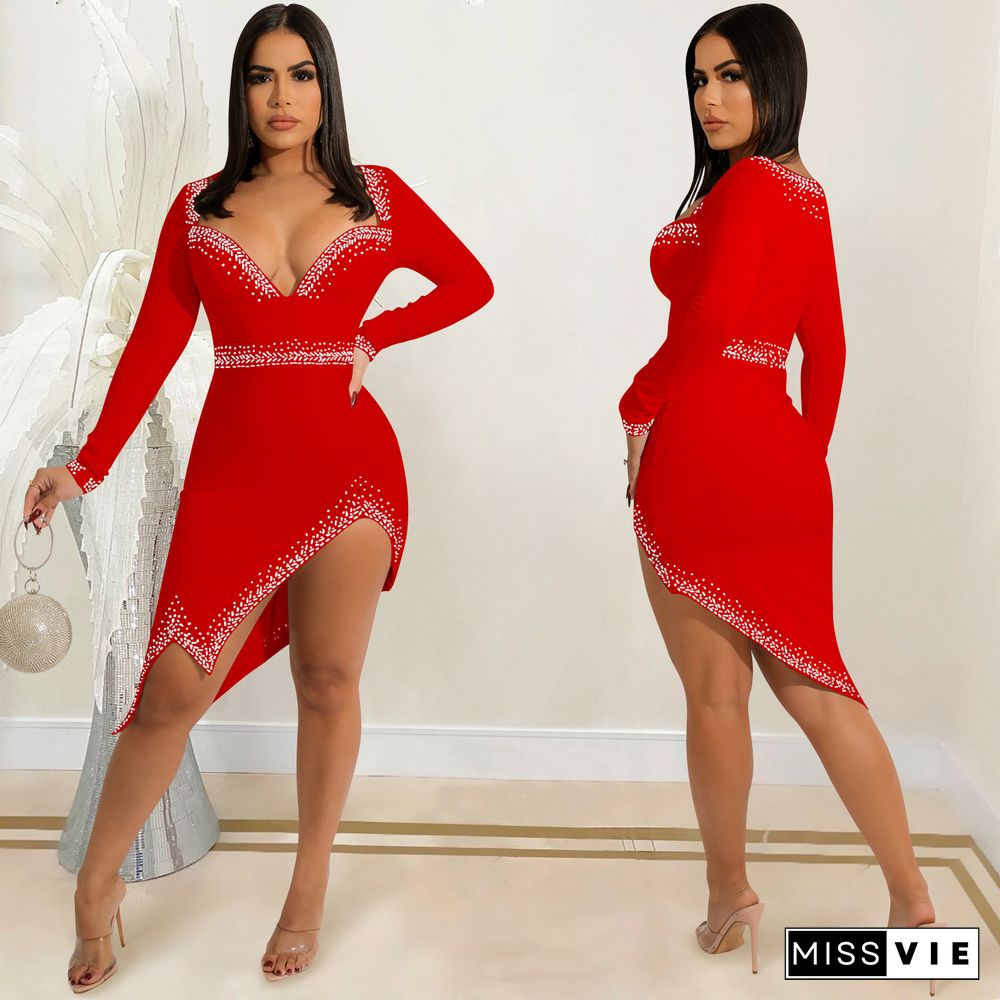 Hot Rhinestone V-neck Long Sleeve Slit Irregular Dress