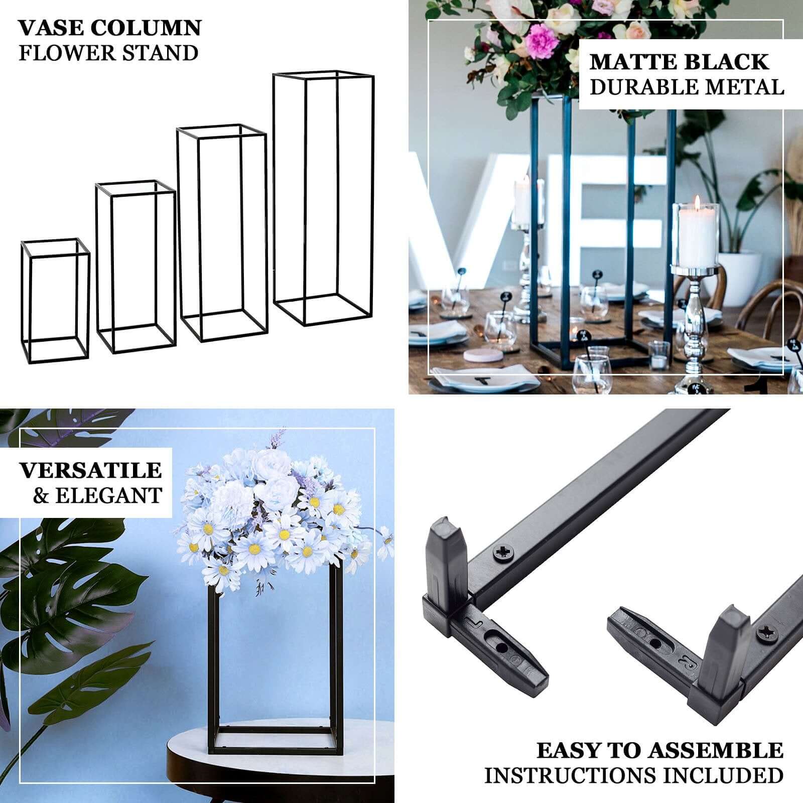 2 Pack Rectangular Matte Black Metal Wedding Flower Stand, Geometric Column Frame Centerpiece 12