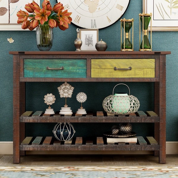 Retro Console Table for Entryway with Drawers and Shelf Living Room