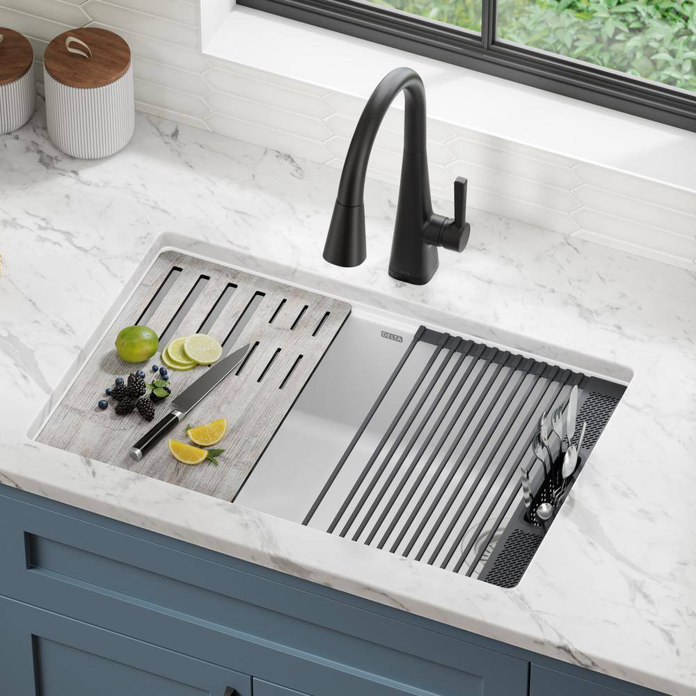 Delta Everest White Granite Composite 30 in. Single Bowl Undermount Workstation Kitchen Sink with Accessories 75B933-30S-WH