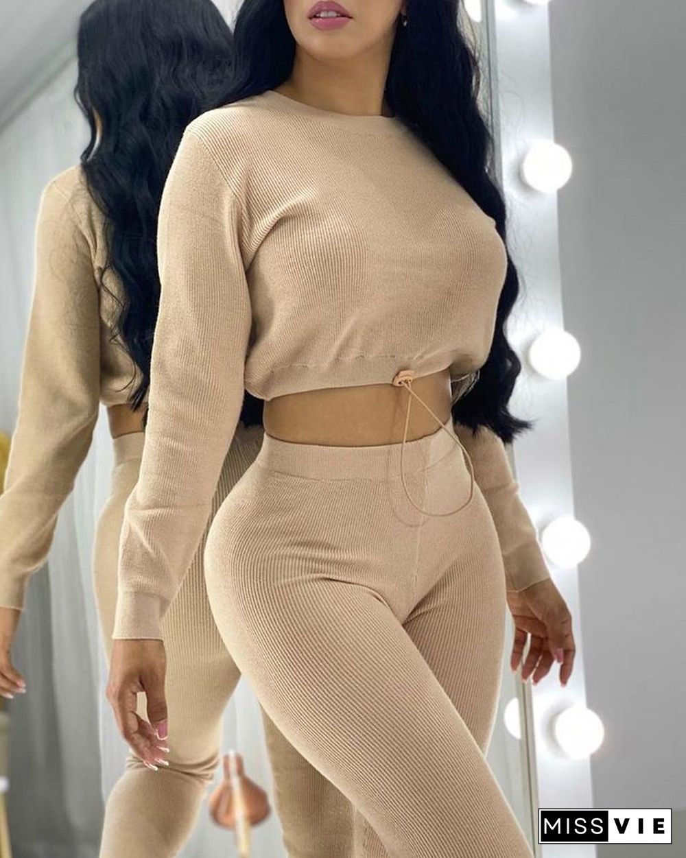 Plain Drawstring Long Sleeve Crop Top & High Waist Pants Set