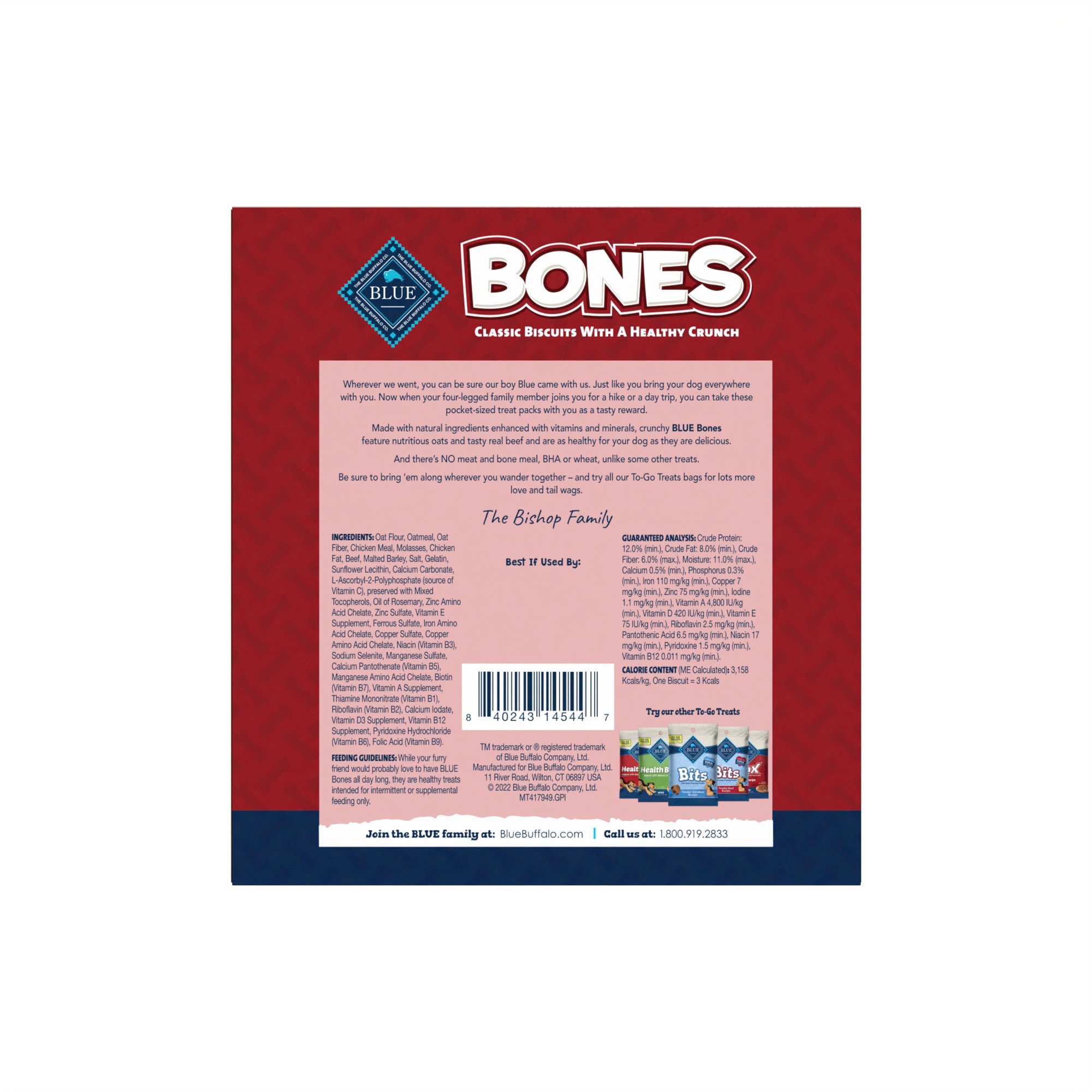 Blue Buffalo Beef Bones Natural Crunchy TO-GO Mini Dog Biscuits Dog Treats， 1 oz.， Count of 12