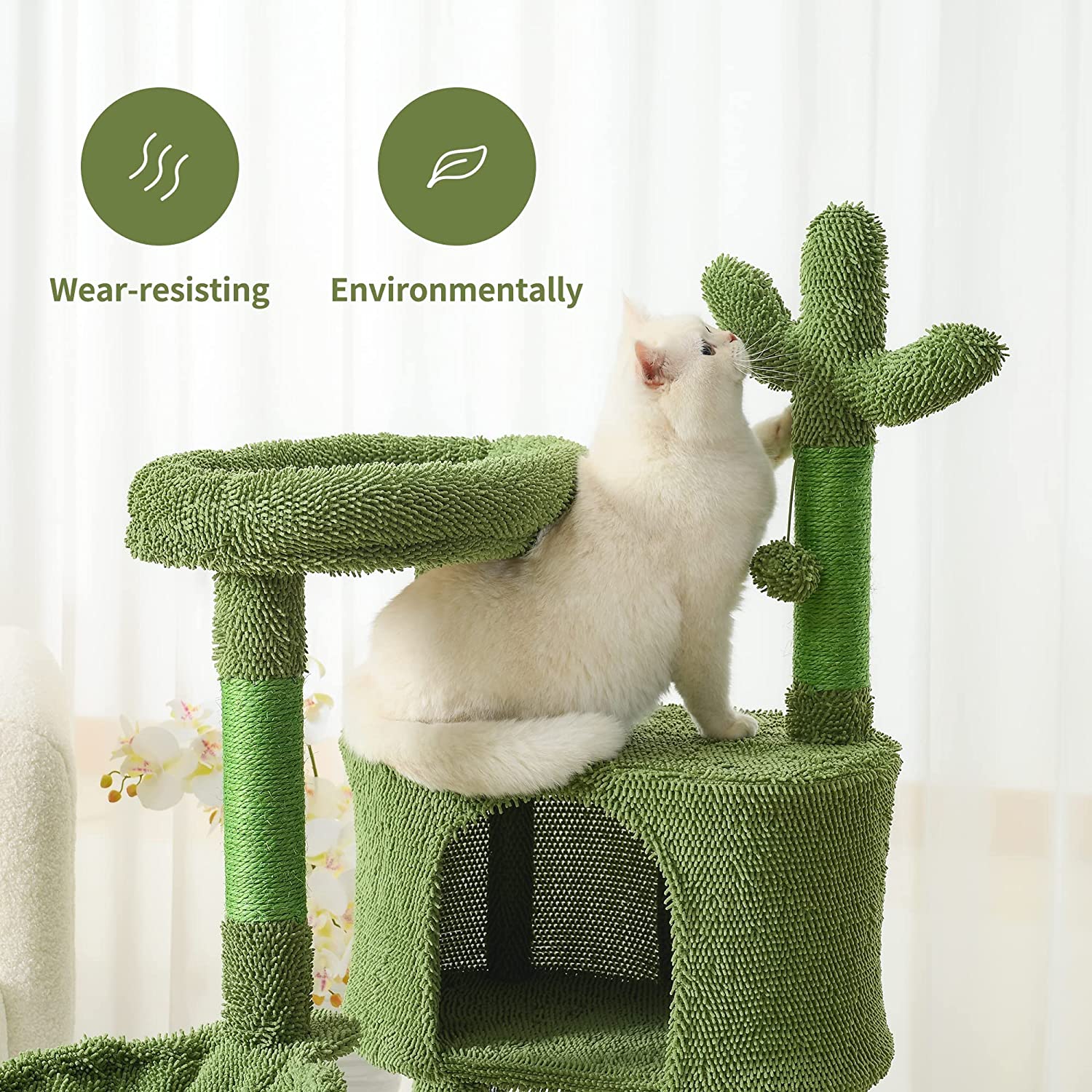 | Cat Tree Tower 43” for Indoor Cats | Cat Condo with Hammock and Cactus Scratching Posts Tree for Kittens | Tall Cat Climbing Stand with Cute Hanging Ball & Toys for Play House