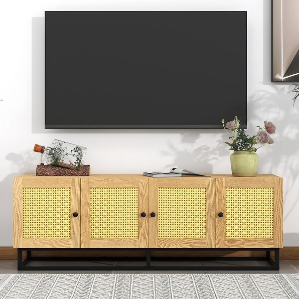 TV Stand Entertainment Cabinet Console Table with 4 Textured Rattan Doors and 2 Adjustable Panels