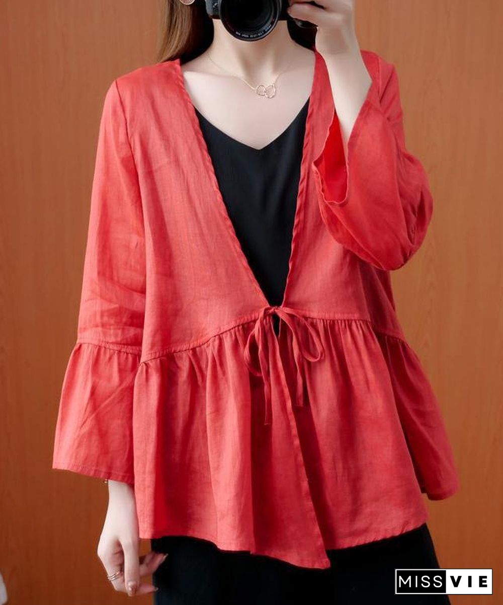 Beautiful red tunics for women v neck Ruffles loose summer blouses