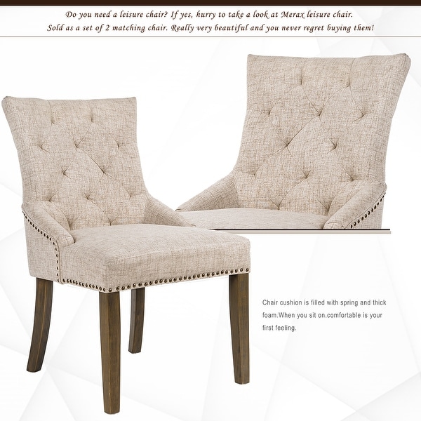 Dining Chair with Armrest，Nailhead Trim and Diamond Shaped Back Tufting Linen Upholstery Set of 6 (Beige)