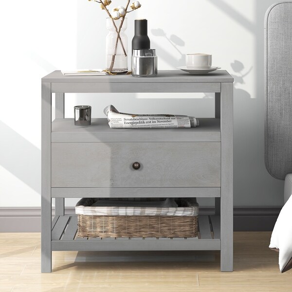 Wooden Nightstand with Drawer and Shelf Storage for Bedroom and Living Room - - 37915929