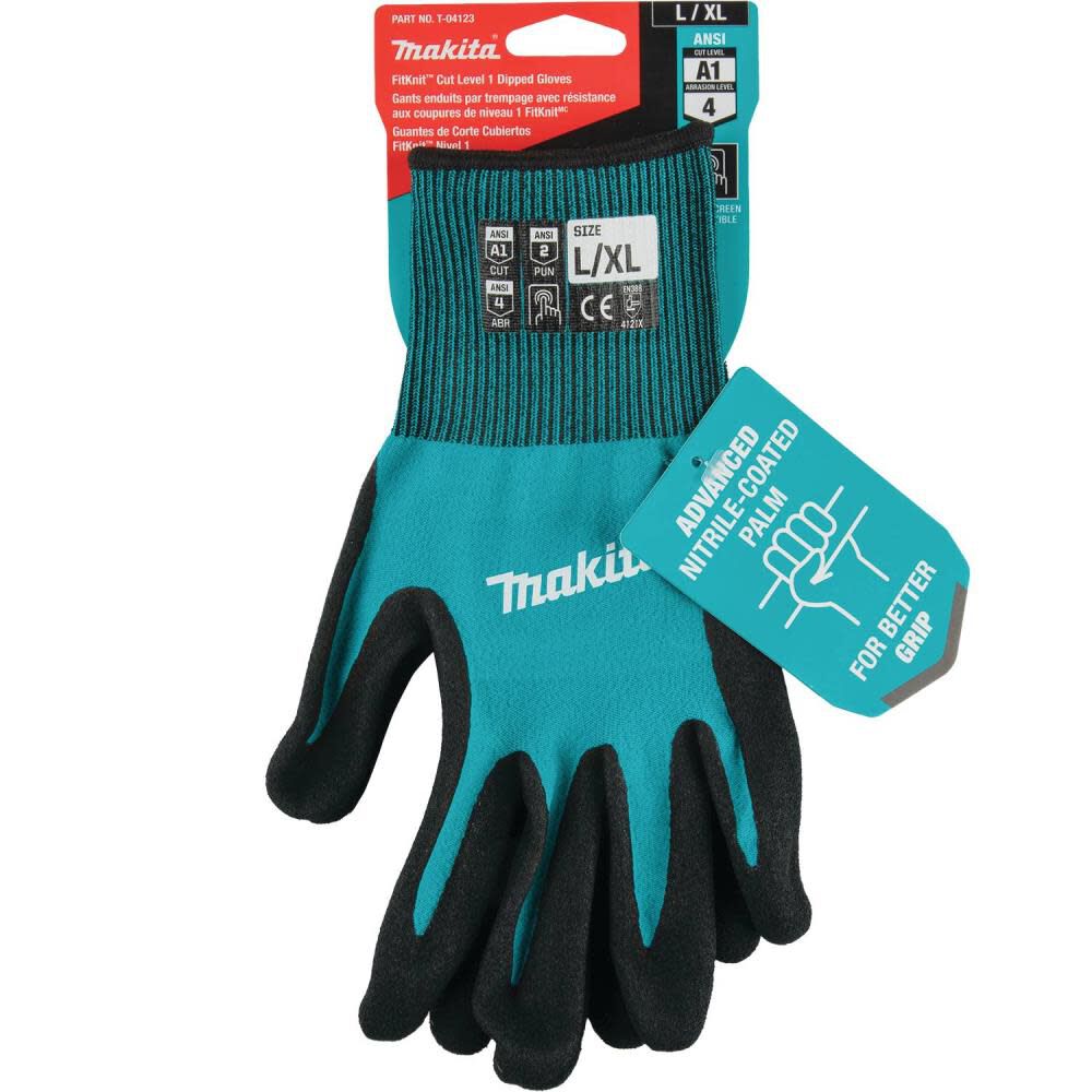 Makita FitKnit Gloves Cut Level 1 Nitrile Coated Dipped L/XL T-04123 from Makita