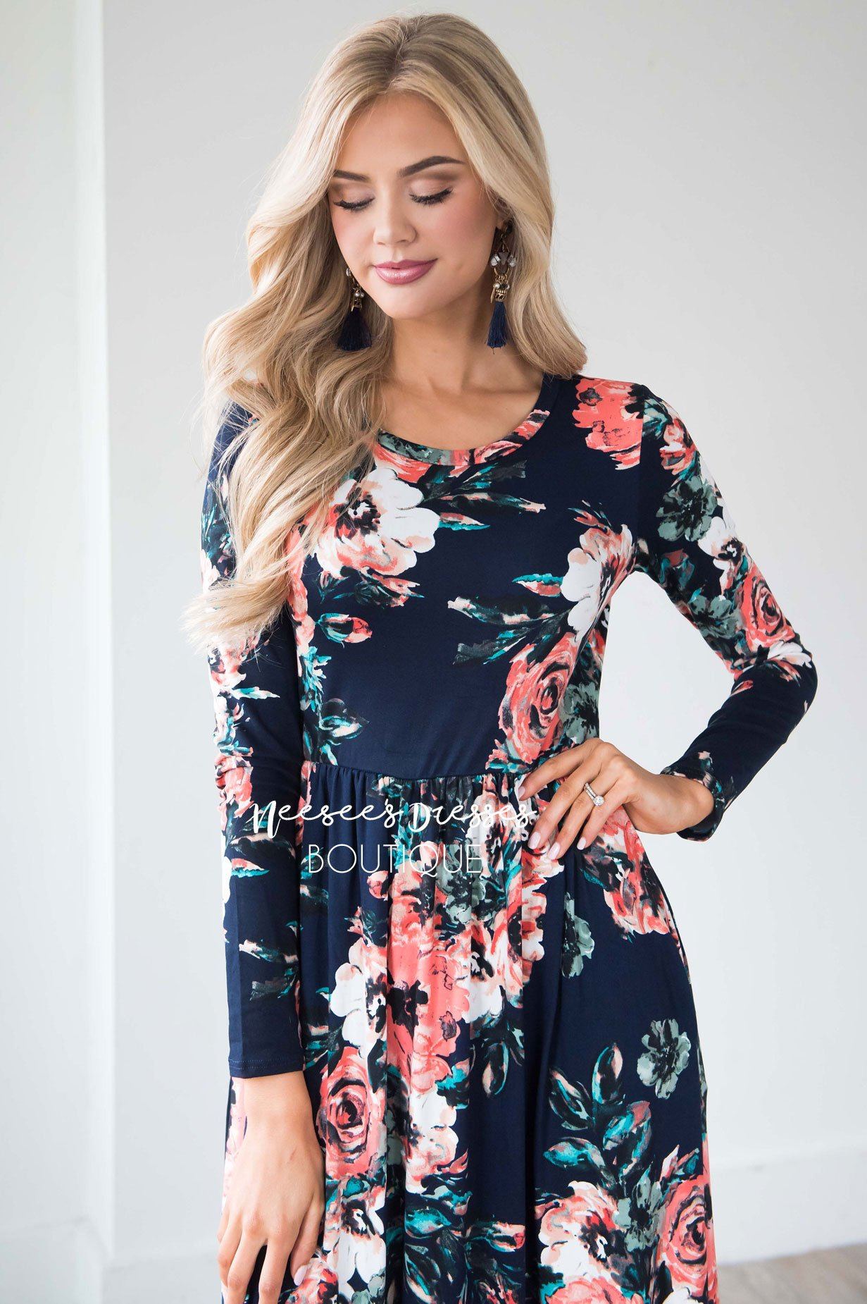 Navy Watercolor Long  Sleeve Maxi Dress