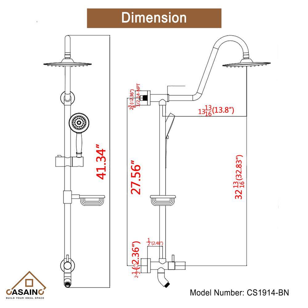 CASAINC 3-Spray Patterns 10 in. Wall Mount Dual Shower Heads Rainfall Shower Head and Handheld Shower in Brushed Nickel CS1914-BN