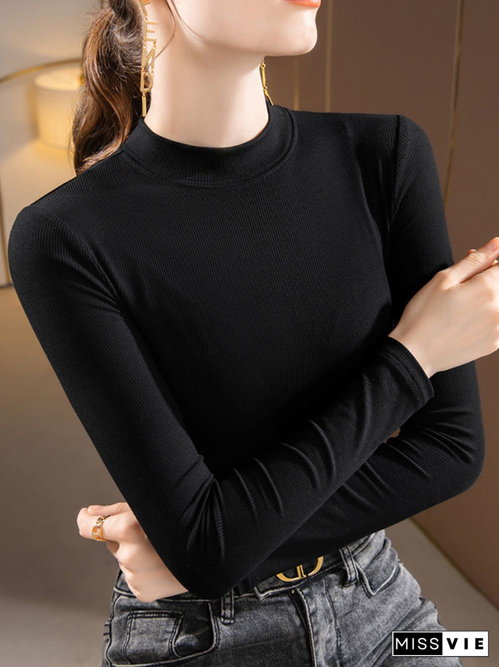 Casual Skinny Loose Solid Color Stand Collar T-Shirts Tops