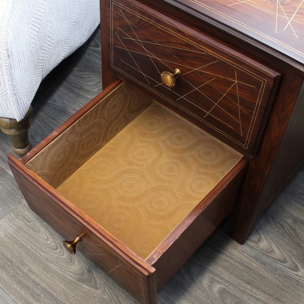 Natural Geo Rosewood Square End Table - Abstract Golden Brass Inlay