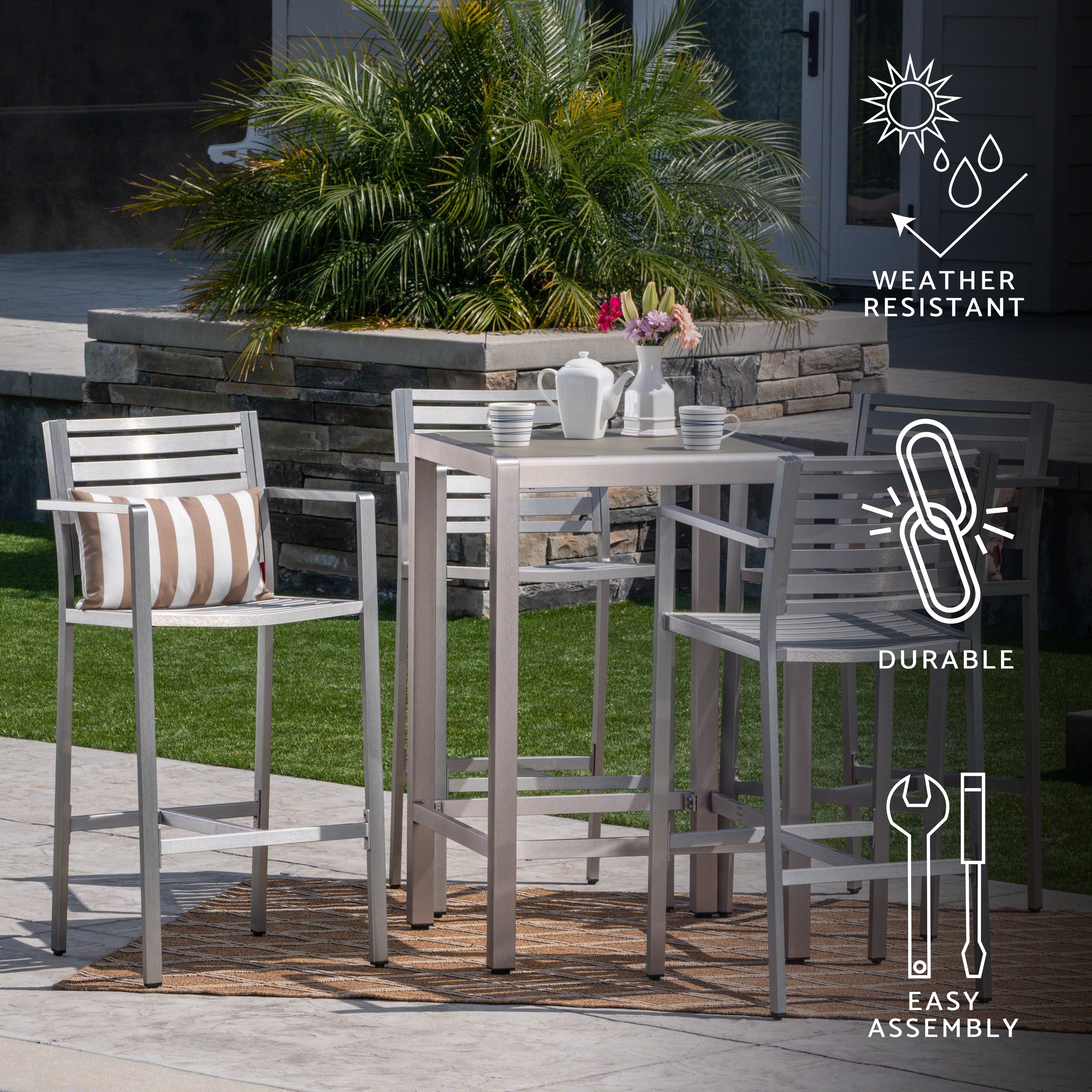 Tracy Outdoor 5 Piece Silver Rust-Proof Aluminum Bar Set with Grey Tempered Glass Top Bar Table