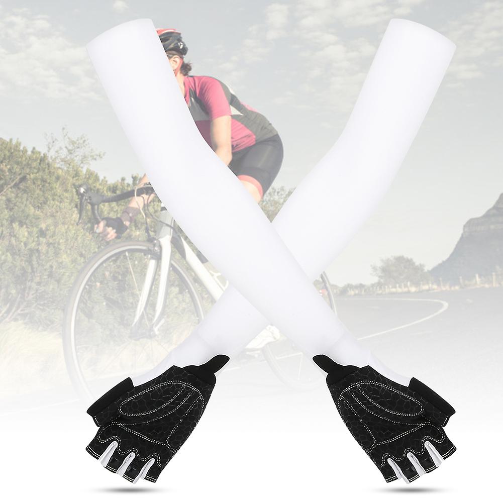 A Pair White Elastic Polyurethane Outdoor Cycling Anti Skid Sunscreen Long Gloves Sports Arm Sleeves(white L)