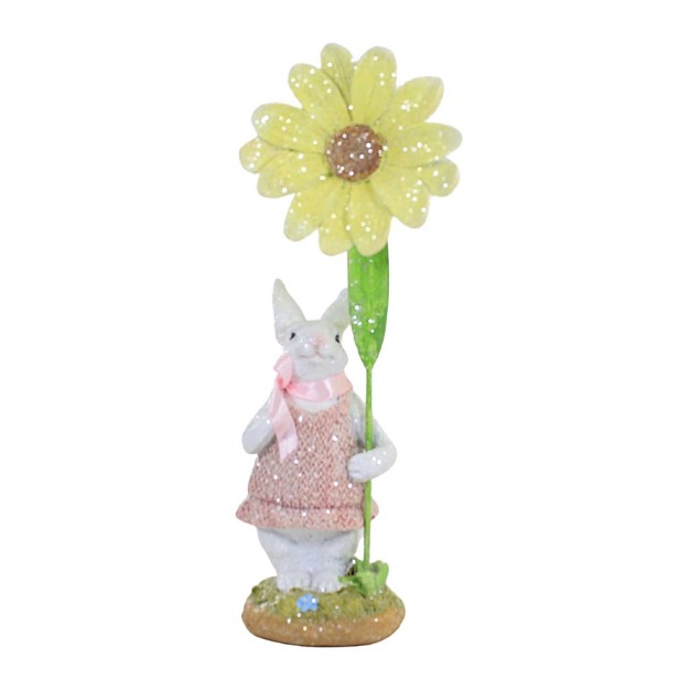 Easter Bunny In Pink Dress Figurine One Figurine 10 75 Inches Glittered Daisy Flower 20372a Polyresin Pink