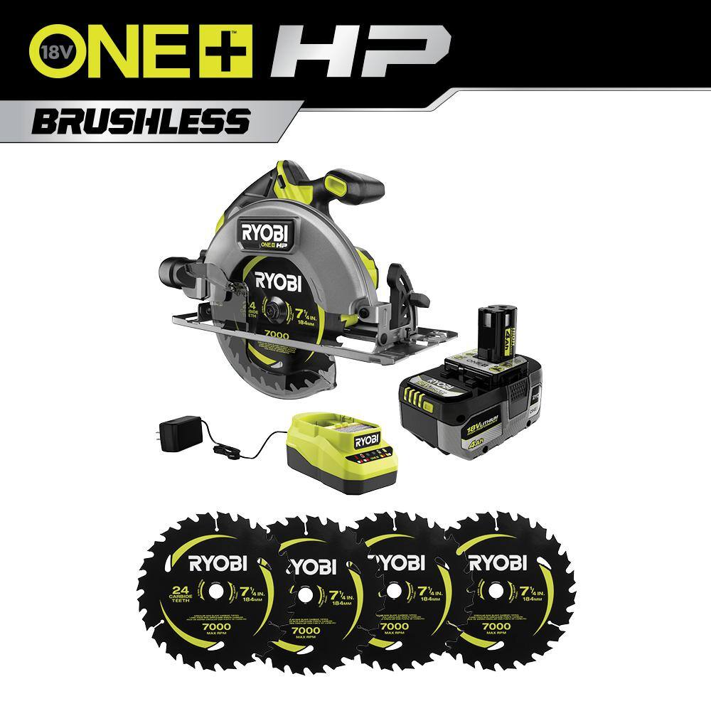 RYOBI ONE+ HP 18V Brushless Cordless 7-14 in. Circular Saw Kit with 4.0 Ah Battery Charger and (4-Piece) Replacement Blades PBLCS300K1-A067401