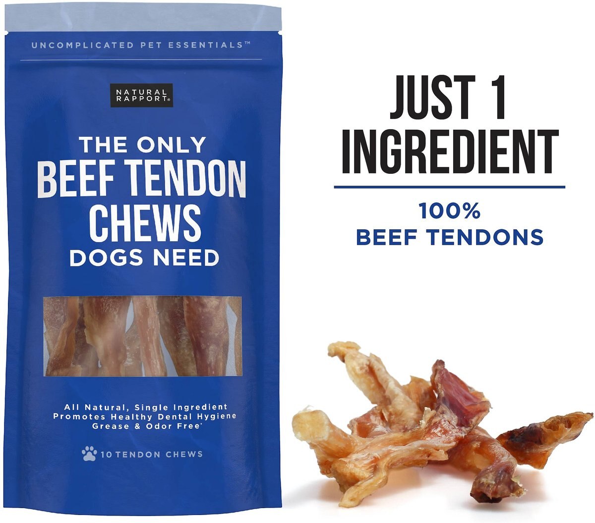 Natural Rapport The Only Beef Tendon Chews Dogs Need Hard Chew Dog Treats， 10 count