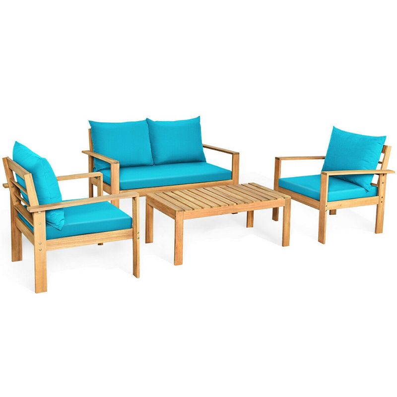 Outdoor 4 Pieces Acacia Wood Chat Set with Water Resistant Cushions