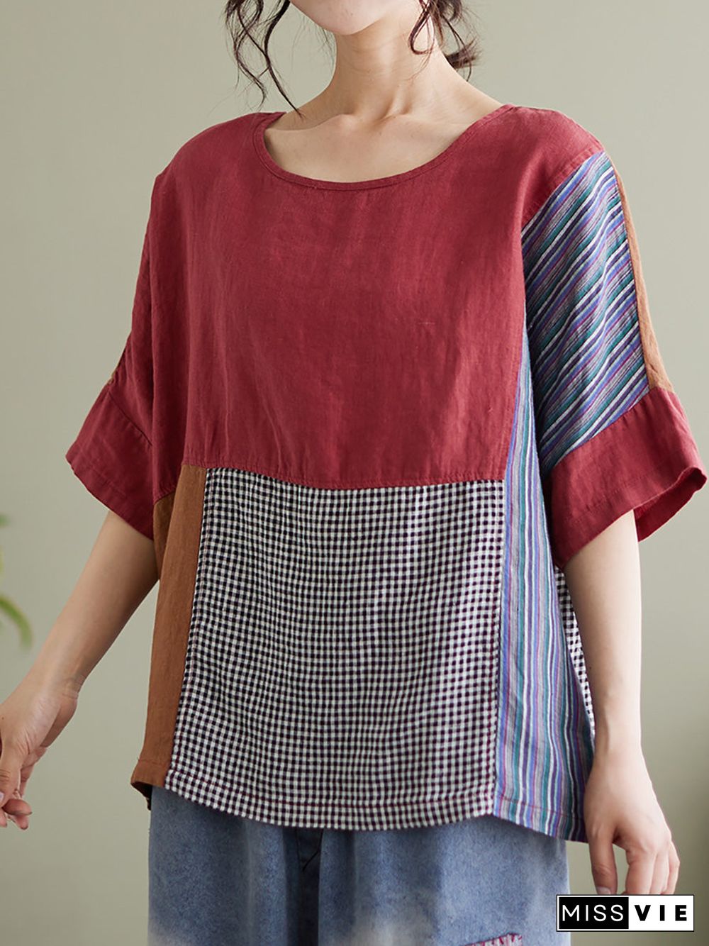 Plus Size Vintage Short Sleeve Women Linen Patchwork Loose T Shirt