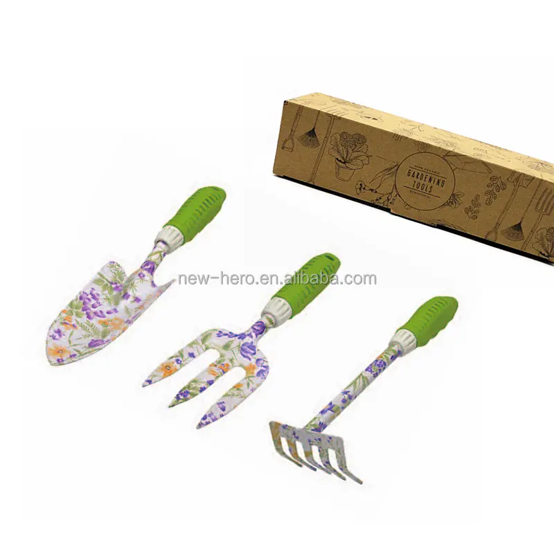 Garden Gift for Women 3 Pcs Aluminum Floral Print Gardening Tools Set Trowel Rake Manual Hand Garden Tool Kit in Flower Print