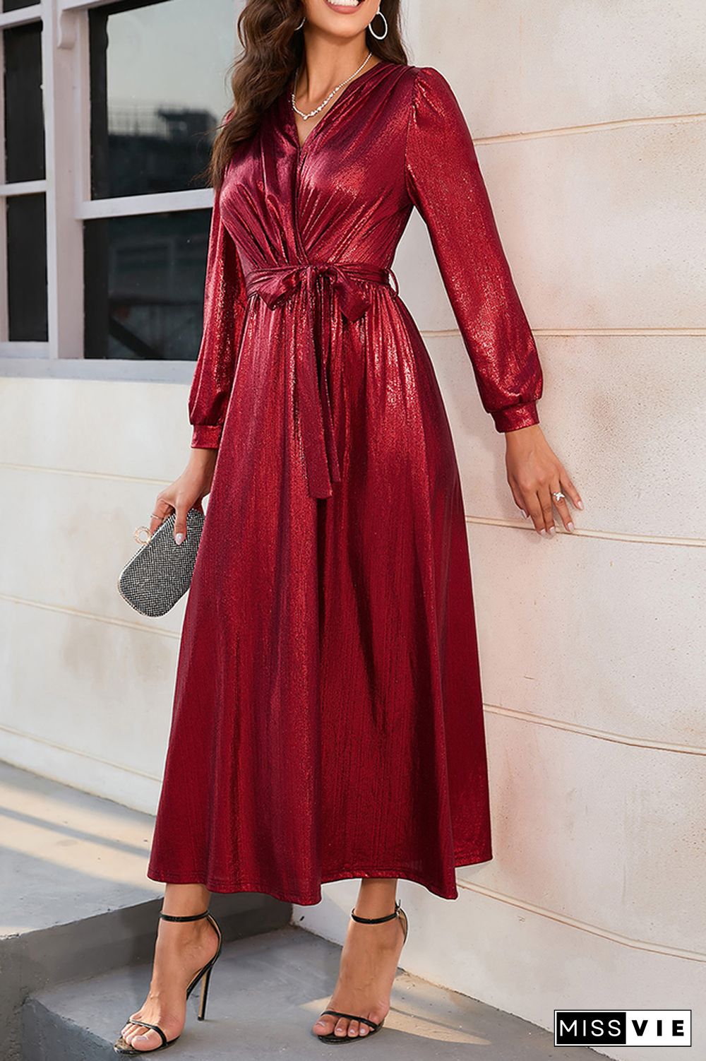 Wrap V Neck Shiny Puffy Sleeves Maxi Dress