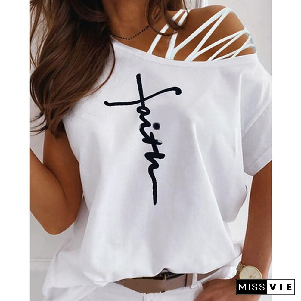 Women's T-shirt Summer New Fashion Women's Letter Printed Casual Short Sleeve Strapless T-shirt Loose Soft and Comfortable Summer Top Shirt XS-5XL