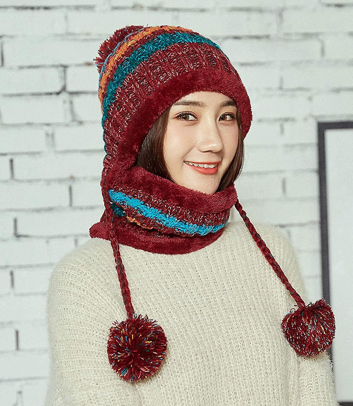 Women Winter Beanie Hat Peruvian Circle Scarf Set Ski Ear Flaps Caps Dual Layered Fleece Lined Pompoms A4-m8771-red -