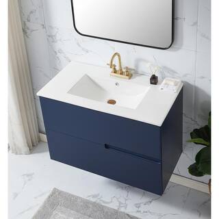 Comllen 36 in. W x 18 in. D x 24 in. H Modern Bathroom Vanity in Blue with White Ceramic Sink Top COM-US02LS-MZ90E-3