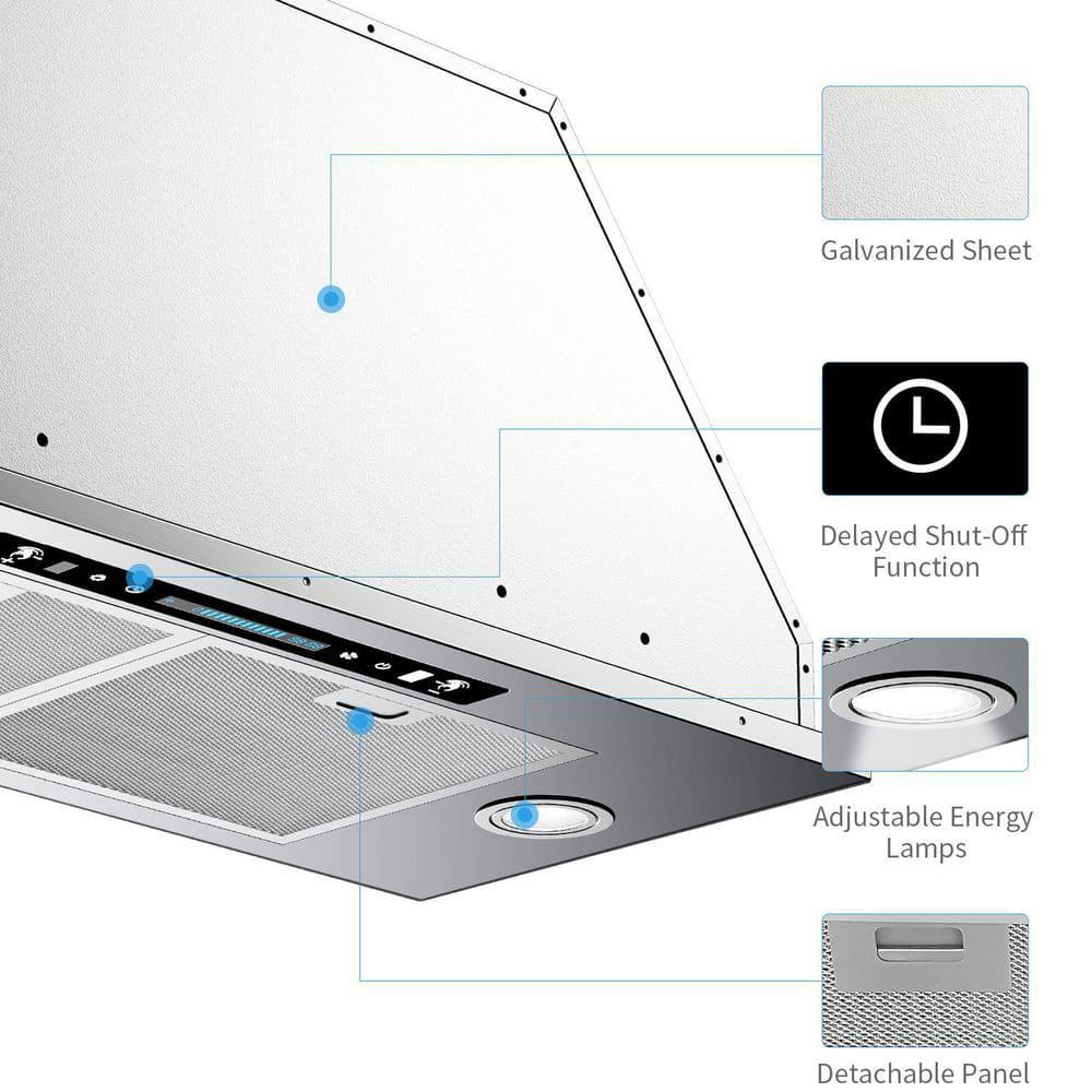 HisoHu 30 in 900 CFM Ducted Insert with Light and Hand Motion Control Range Hood in Stainless Steel