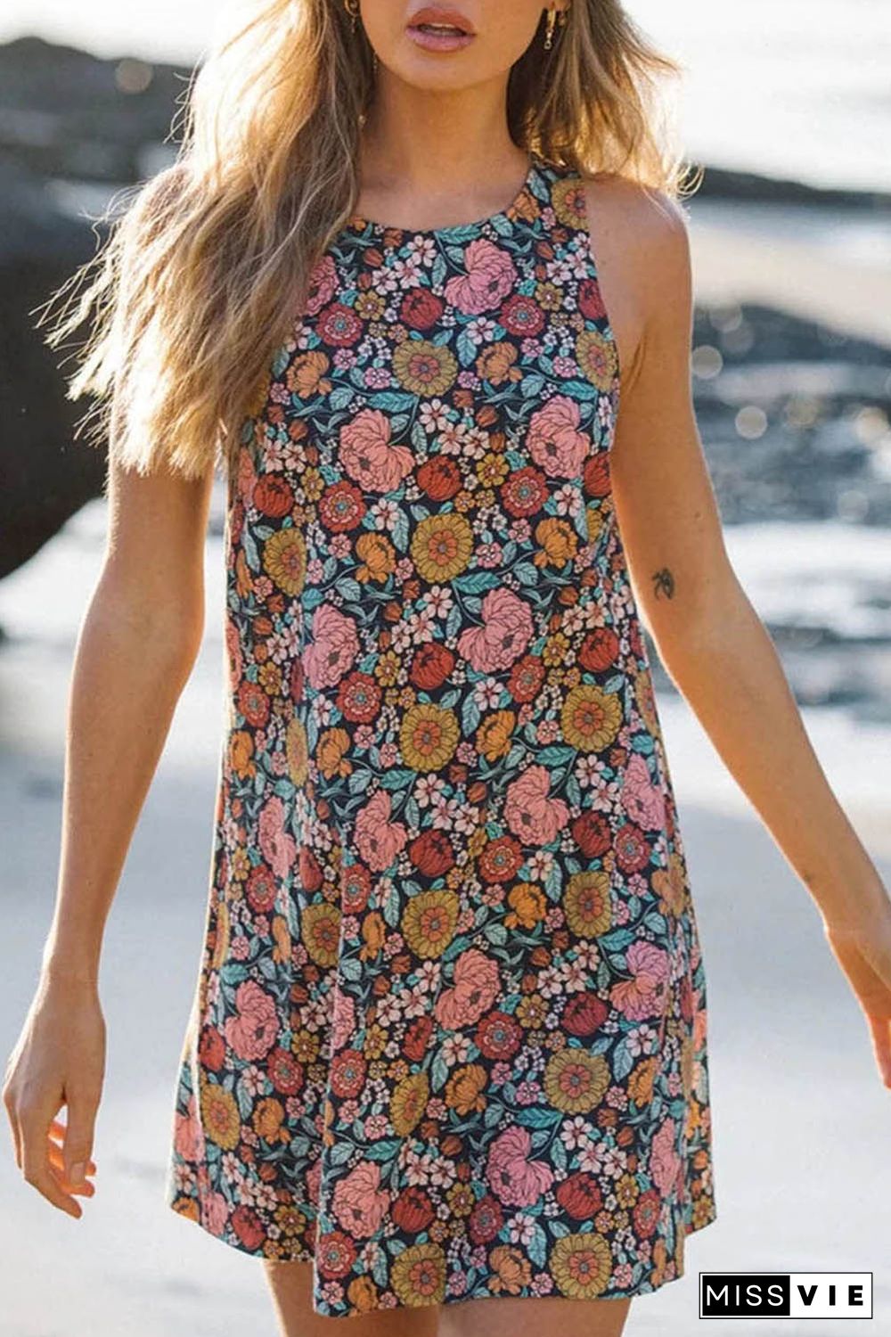 Multicolor Vintage Floral Print Keyhole Back Sleeveless Mini Dress