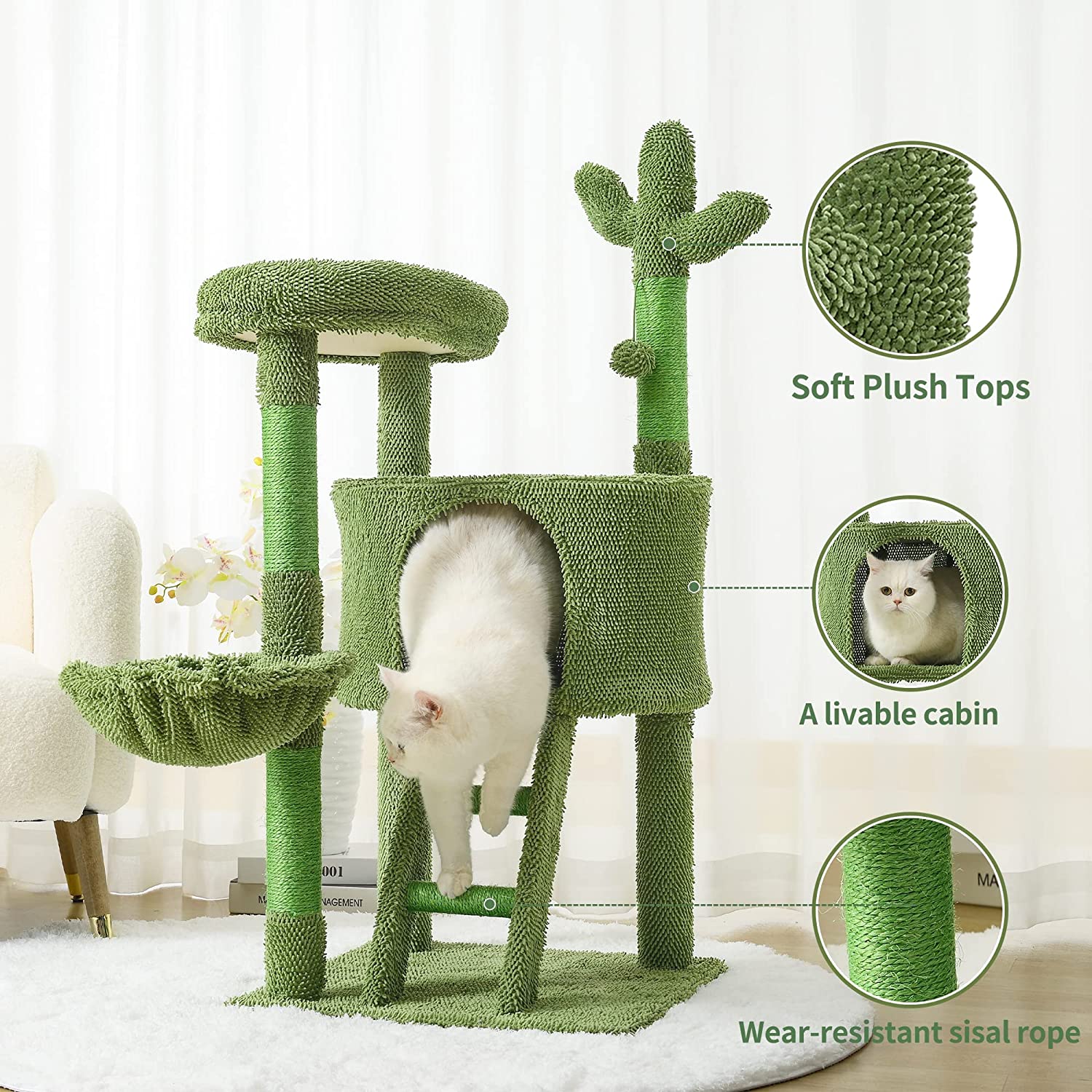 | Cat Tree Tower 43” for Indoor Cats | Cat Condo with Hammock and Cactus Scratching Posts Tree for Kittens | Tall Cat Climbing Stand with Cute Hanging Ball & Toys for Play House