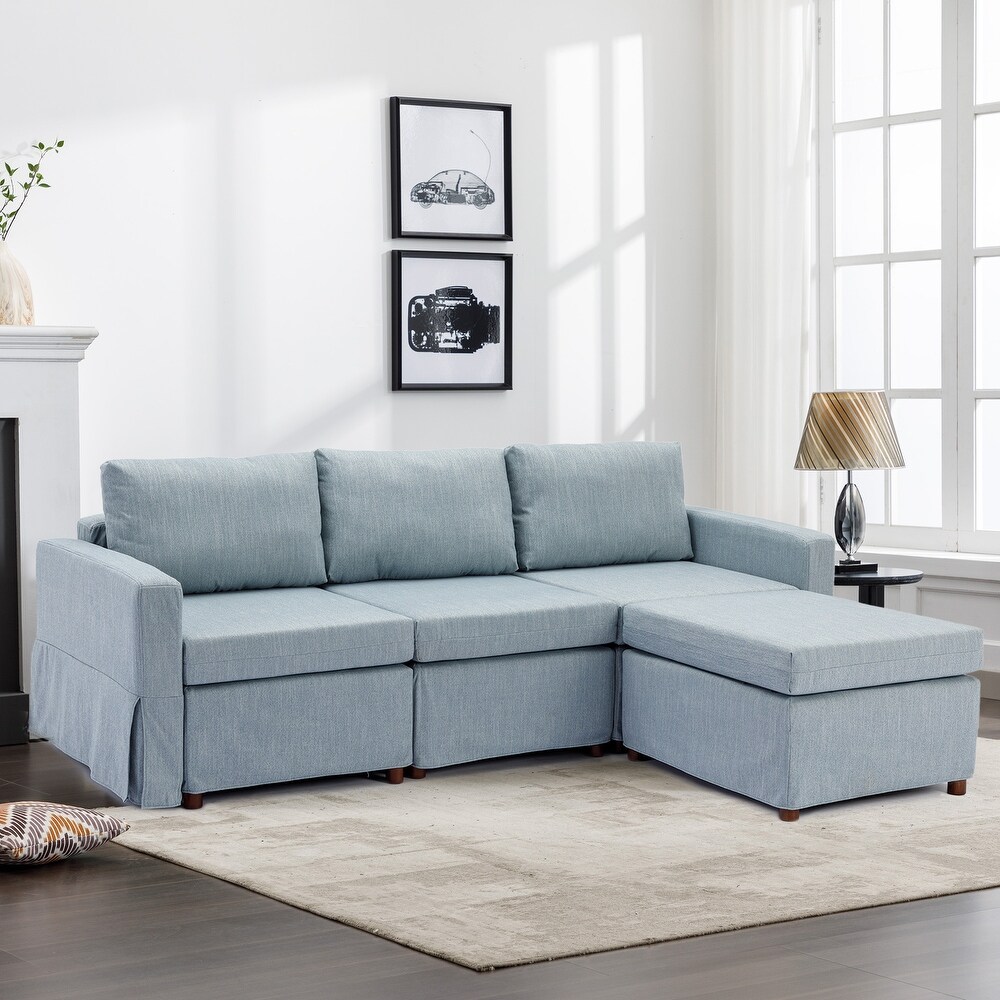 3 Seat Upholstered Module Sectional Sofa L Shape Linen Couch w/Ottoman