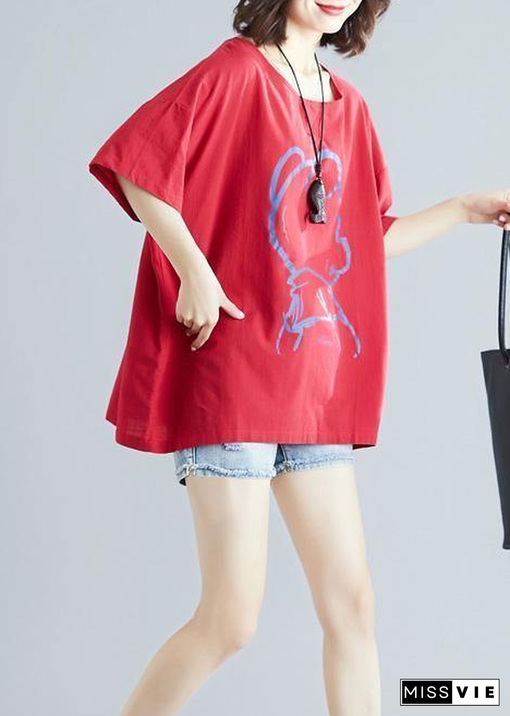 DIY Cartoon print cotton linen tops women Outfits red o neck blouses summer