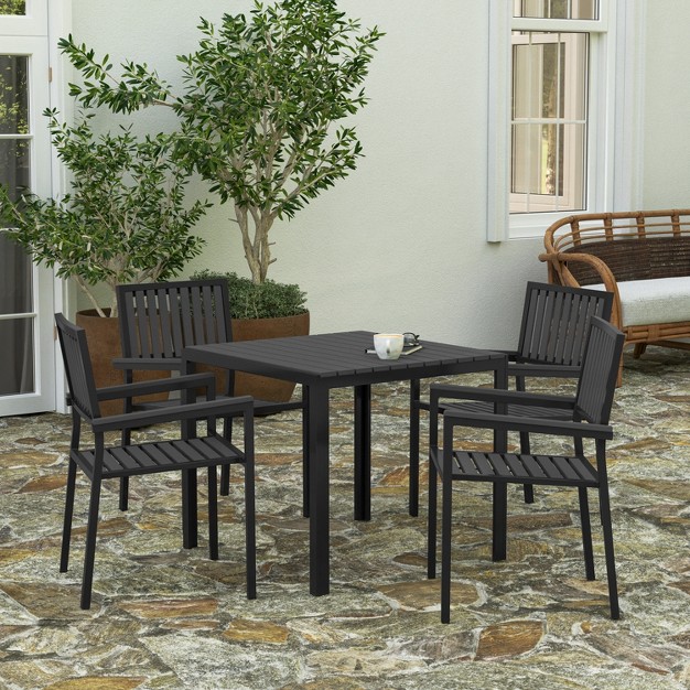 Merrick Lane 5 Piece Indoor outdoor Dining Set With Table And Four Chairs With Black Poly Resin Slats