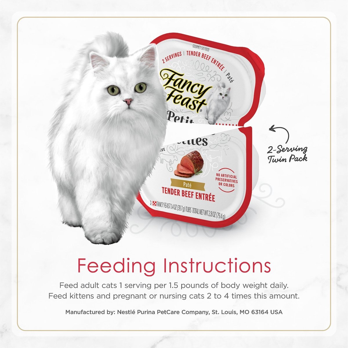 Purina Fancy Feast Gourmet Pate Wet Cat Food， Petites Tender Beef Entree， 2.8-oz tub， case of 12， 12 count