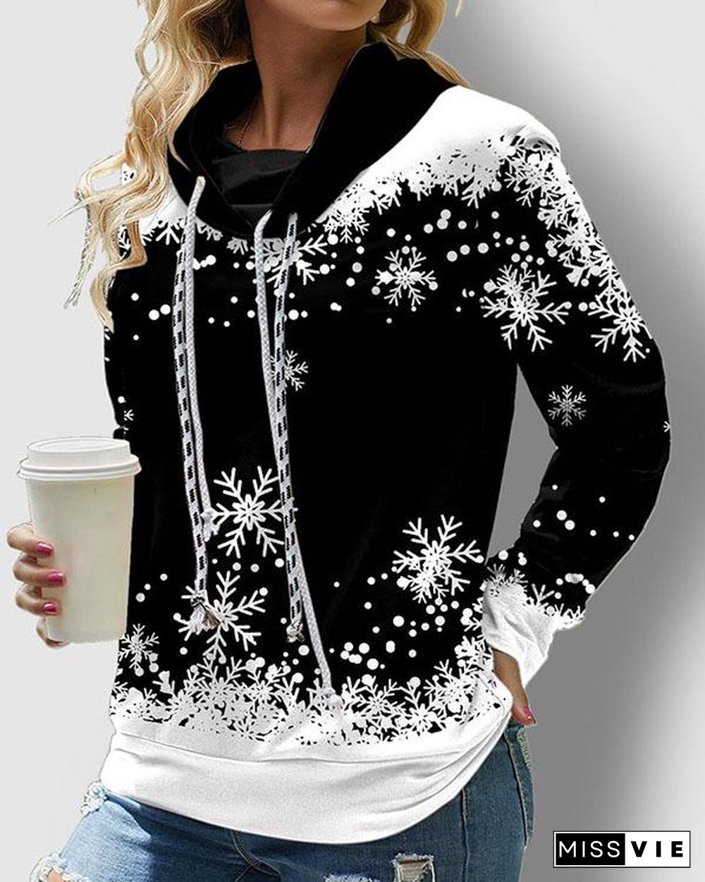 Drawstring Christmas Snowflake Print 4 Colors Sweatshirt