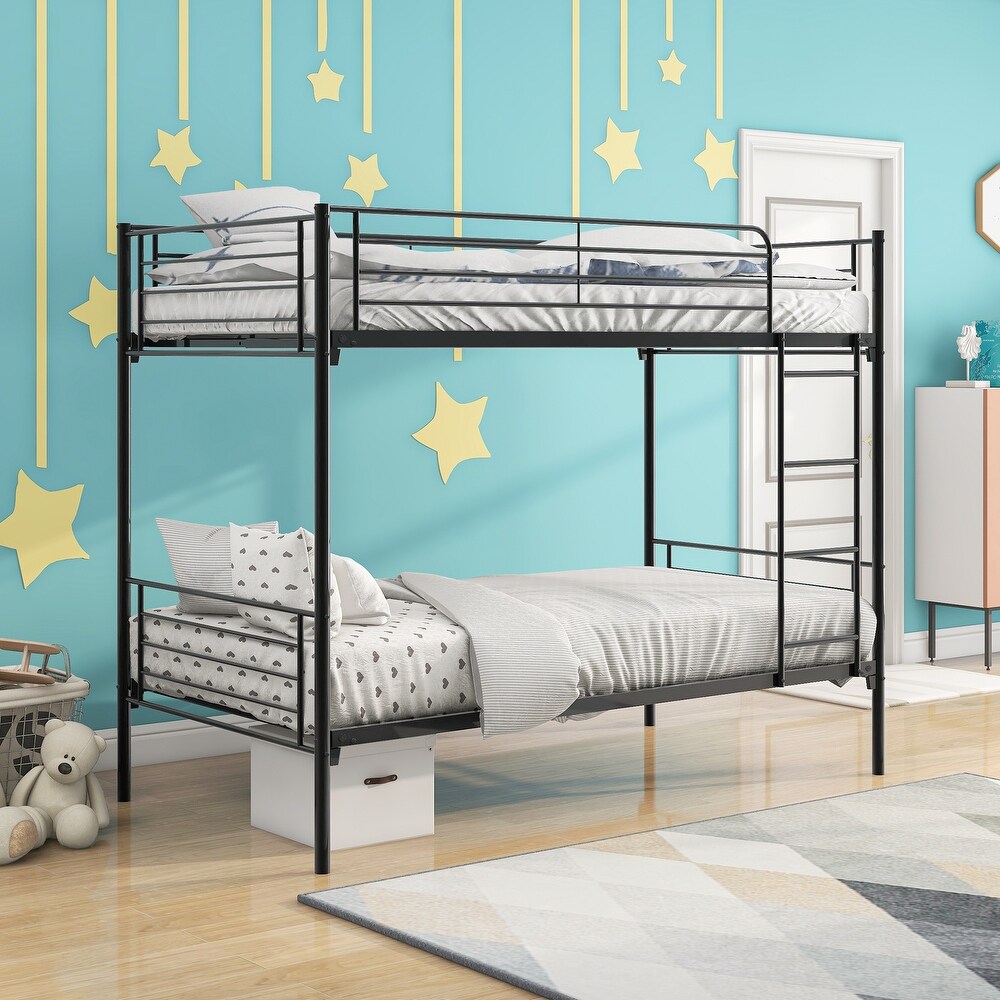 Twin Over Twin Bunk Bed with Metal Frame and Ladder Black