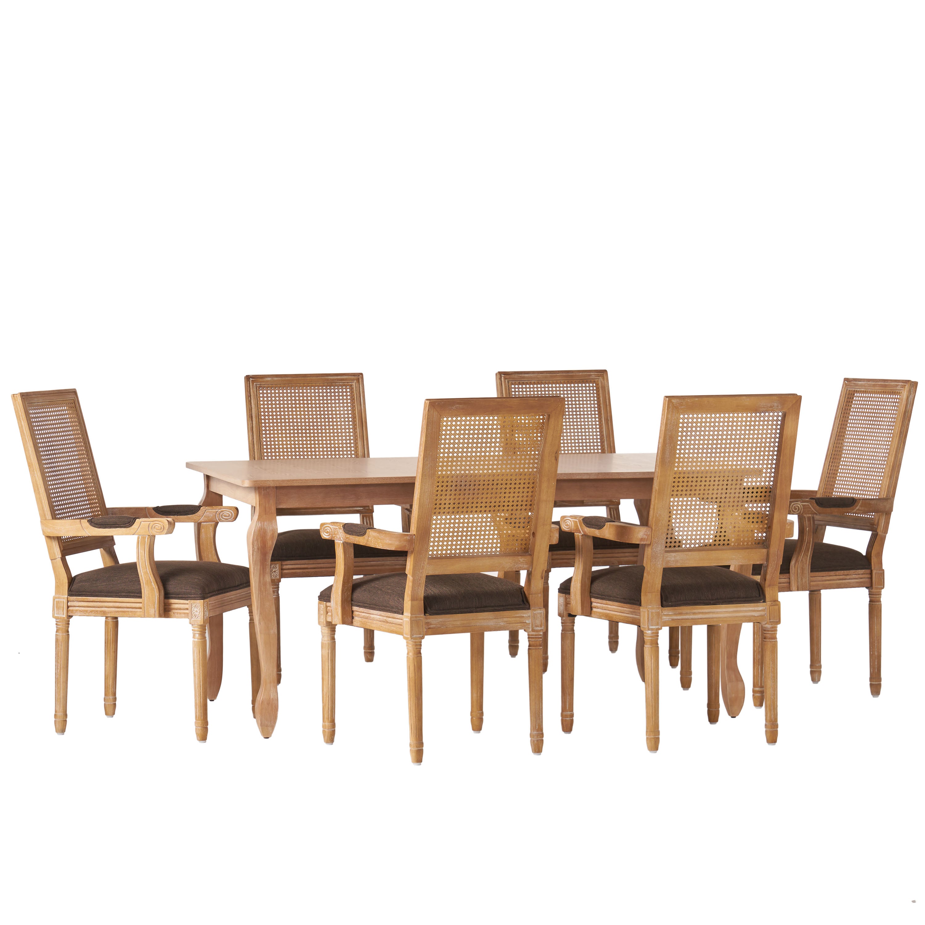 Regan French Country Fabric Upholstered Wood and Cane Expandable 7 Piece Dining Set