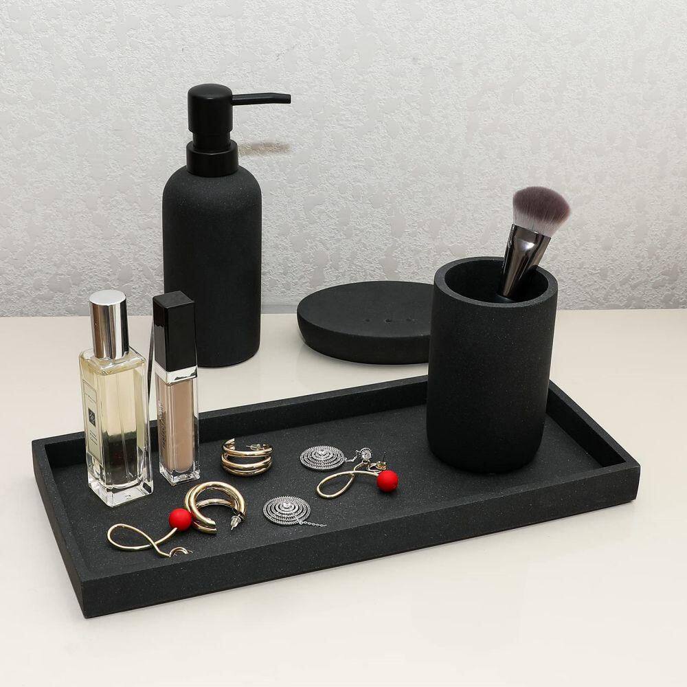 Dracelo 4-Piece Bathroom Accessory Set with Dispenser Toothbrush Holder Vanity Tray Soap Dish in Black B0972J17BY